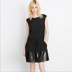 Vince Lamb Black Leather Contrast Band Drawstring Drop Waist Dress (L)